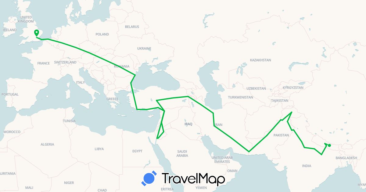 TravelMap itinerary: driving, bus in Belgium, Bulgaria, United Kingdom, Hungary, India, Iran, Jordan, Nepal, Pakistan, Romania, Syria, Turkey (Asia, Europe)